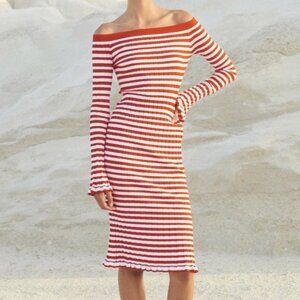 Caroline Constas red ribbed off shoulder midi dress XS